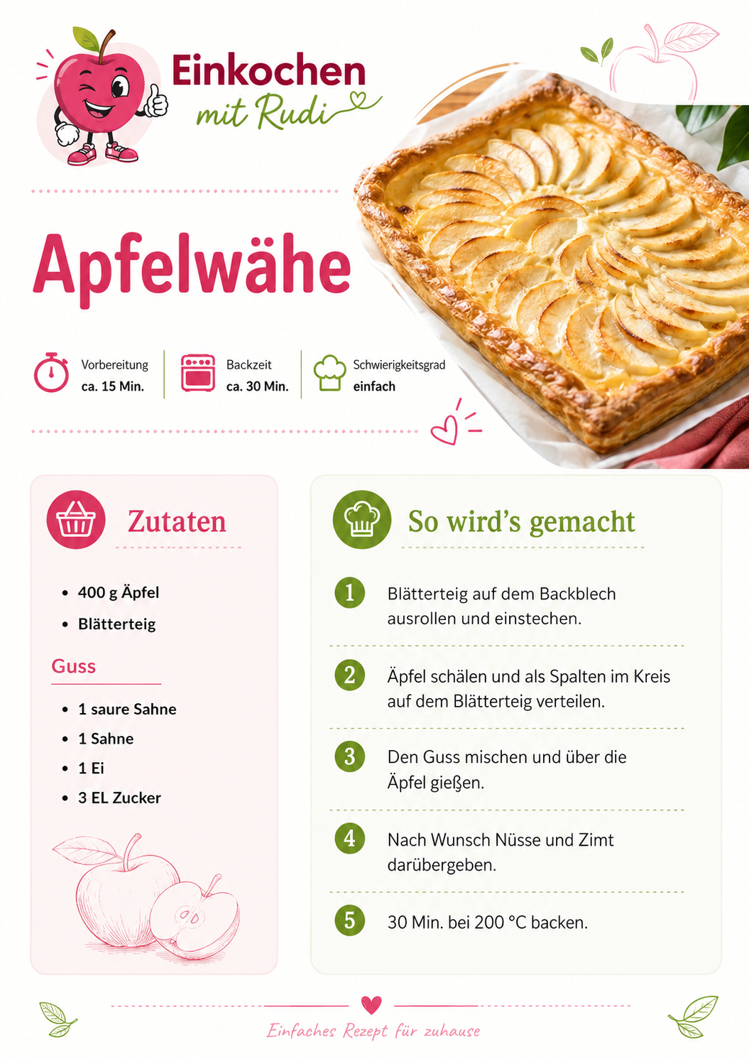 Gestaltete Rezeptkarte für Apfelwähe